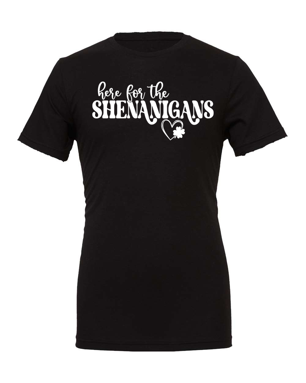 Here For the Shenanigans Clover Heart White Bella Canvas Unisex Graphic Tee