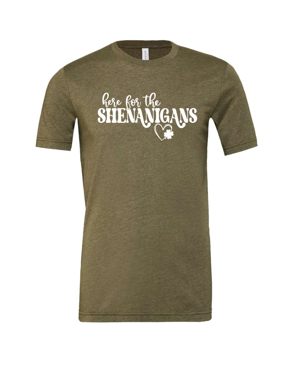 Here For the Shenanigans Clover Heart White Bella Canvas Unisex Graphic Tee